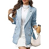 ELLEVEN Womens Oversized Plaid Tweed Blazers, Boyfriend Style Double Breasted Blazer Jacket Casual Outfits