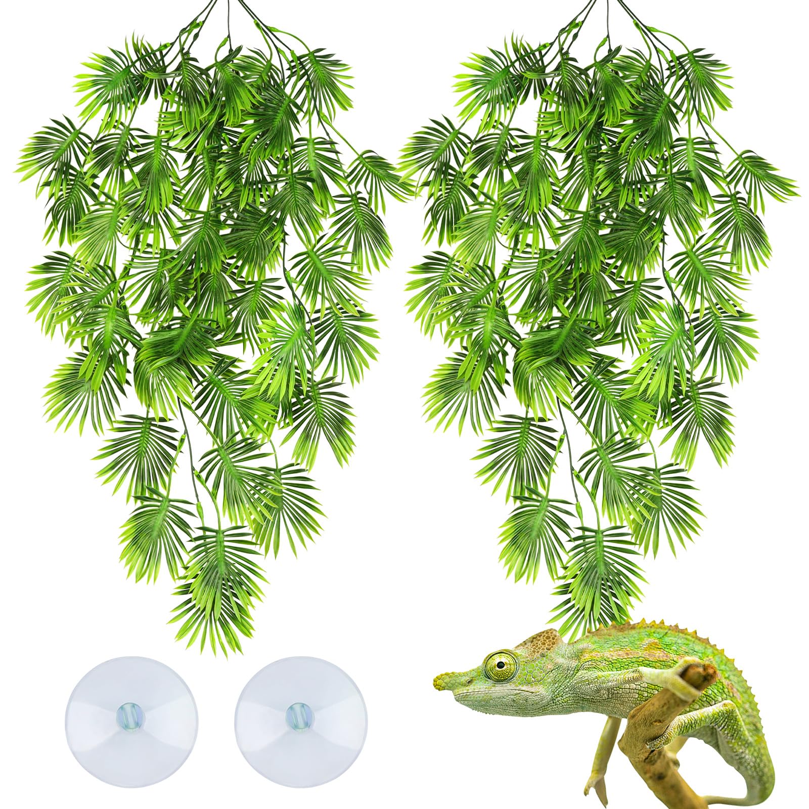 QUOZUO 2 Pack Reptile Plants Terrarium Hanging Plants Artificial Leaves with Suction Cups, Bearded Dragon Tank Accessories for Leopard Lizard Snake Geckos Chameleon