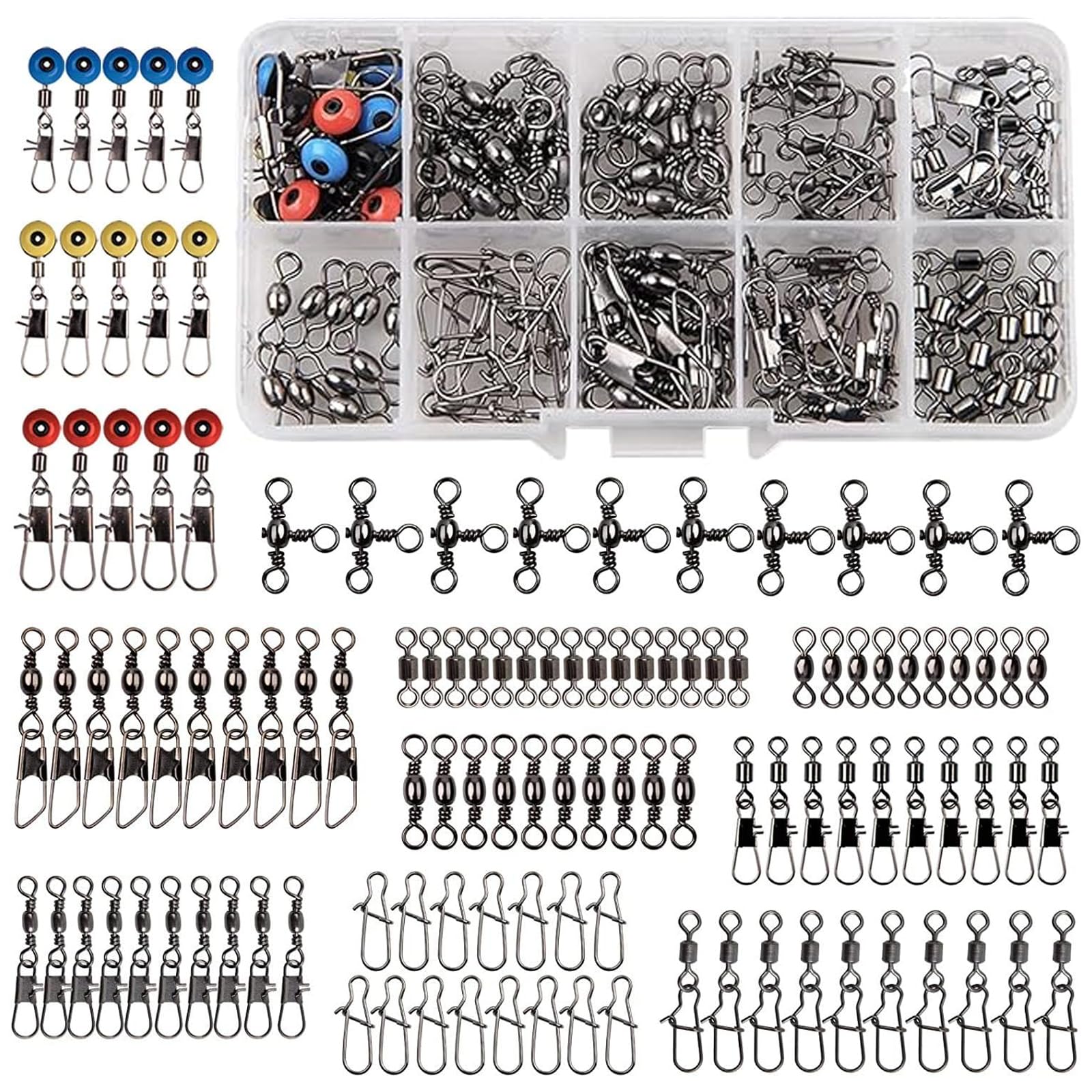 Fishing Swivels Snaps Kit Stainless Steel Barrel Swivel, Snap Swivels, Fishing Beads, 3 Way Swivel, Ball Bearing Swivel for Freshwater Saltwater Fishing Accessories Tackle Box (115pcs Snaps Kit)