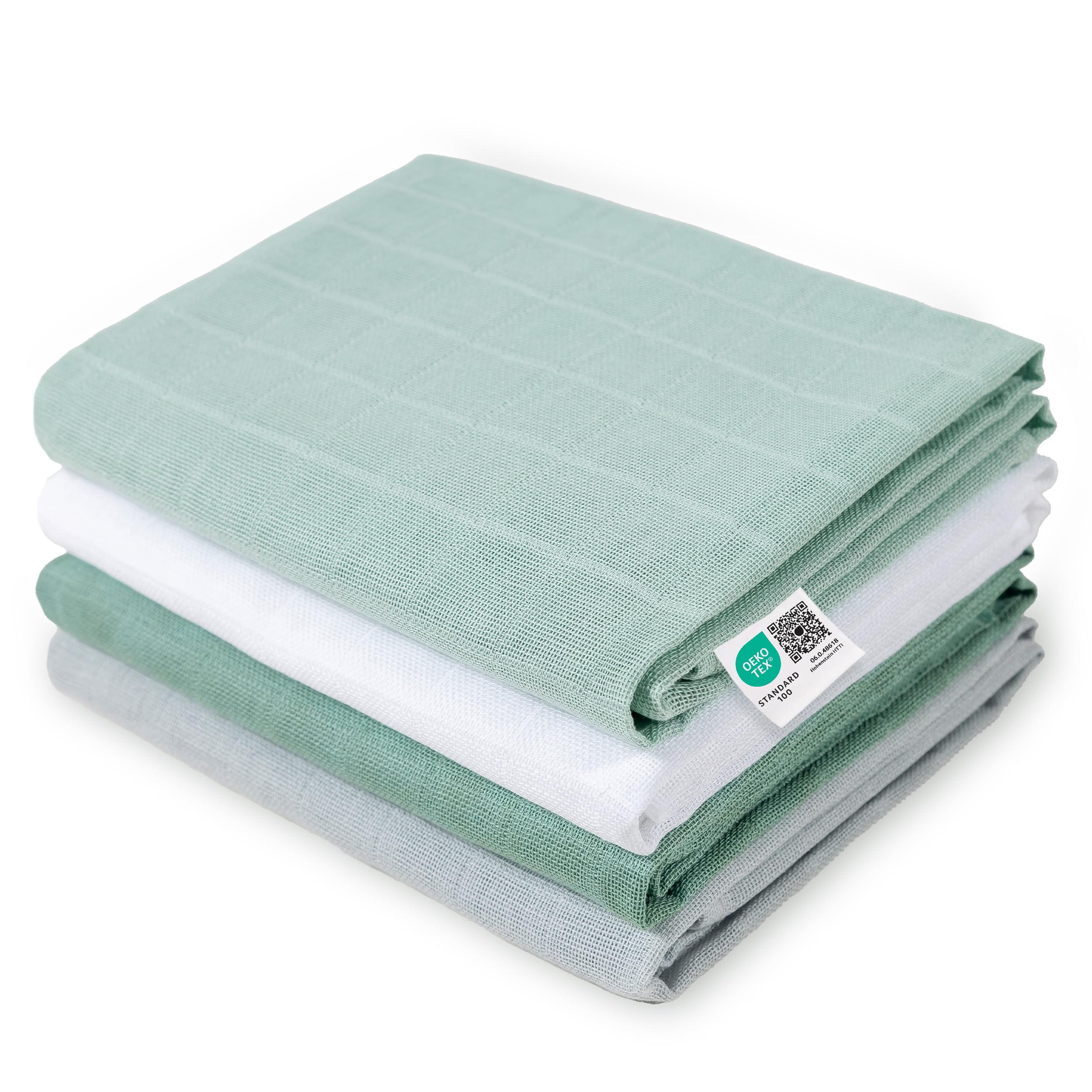 MAKIAN Muslin Nappies Pack of 4, 70 x 70 cm, Oeko-Tex® Standard 100 Tested, 4 Burp Cloths in Premium Quality - Double Woven Cloth Nappies / Muslin Cloths - Iceberg Green/White/Mint/Grey