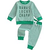 PUHHAPIEY Toddler Baby Boy St Patricks Day Outfit Irish Lucky Charm Embroidery Stripe Waffle Knit Sweatshirt + Pants Set