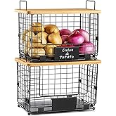 2 Set XL Stackable Wire Basket with Bamboo Tops & Tags- Pantry Organizer and Storage Bins, Kitchen Counter Cabinet Shelf Countertop Under Sink Organizing, Food Snack Produce Onion Potato Bread Storage