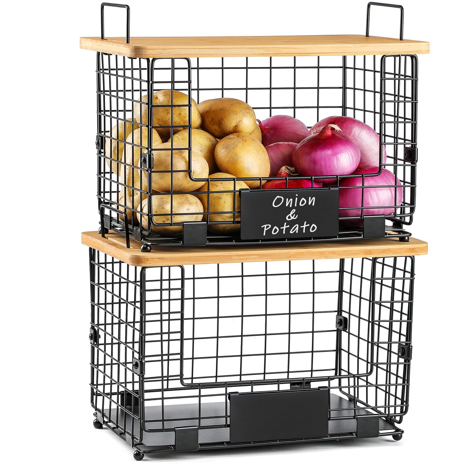 Photo 1 of 2 Set XL Stackable Wire Basket with Bamboo Tops & Tags- Pantry Organizer and Storage Bins, Kitchen Counter Cabinet Shelf Countertop Under Sink Organizing, Food Snack Produce Onion Potato Bread Storage
