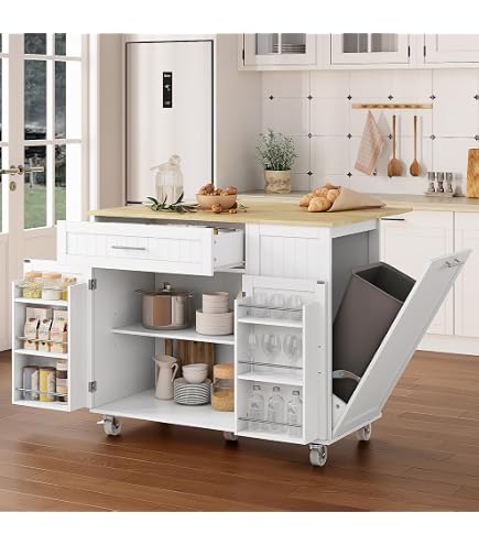 Yaheetech Kitchen Island Cart With Drop-Leaf - 5 Wheels, 3 Drawers, Spice Rack, White