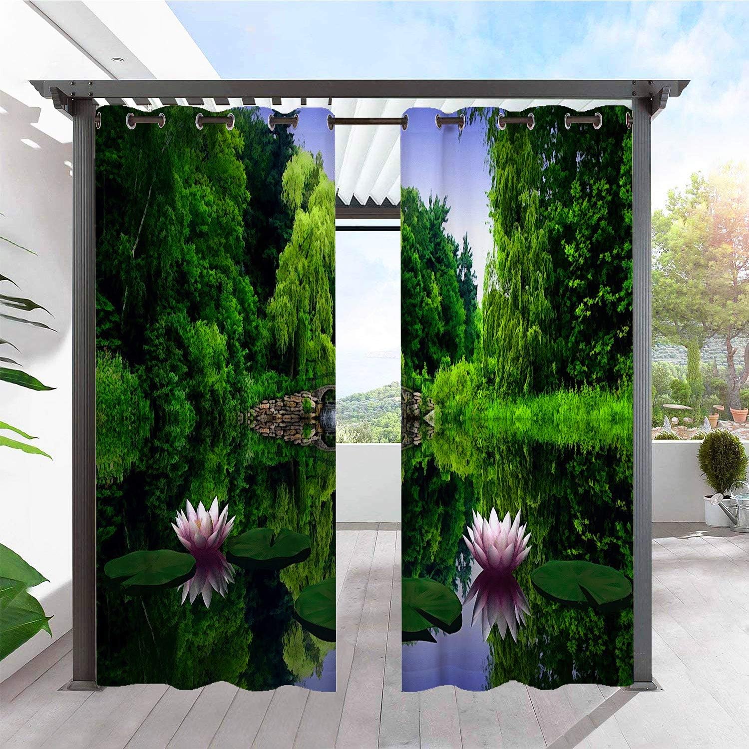 Outdoor Curtains - ANHOPE Indoor Outdoor Curtains for Patio Waterproof Grommet Curtains with Water Pond Lotus Nature Landscape Print Pattern Privacy Outside Curtain for Pergola Gazebo Porch Cabana 2 Panels 36 x 84 Inch