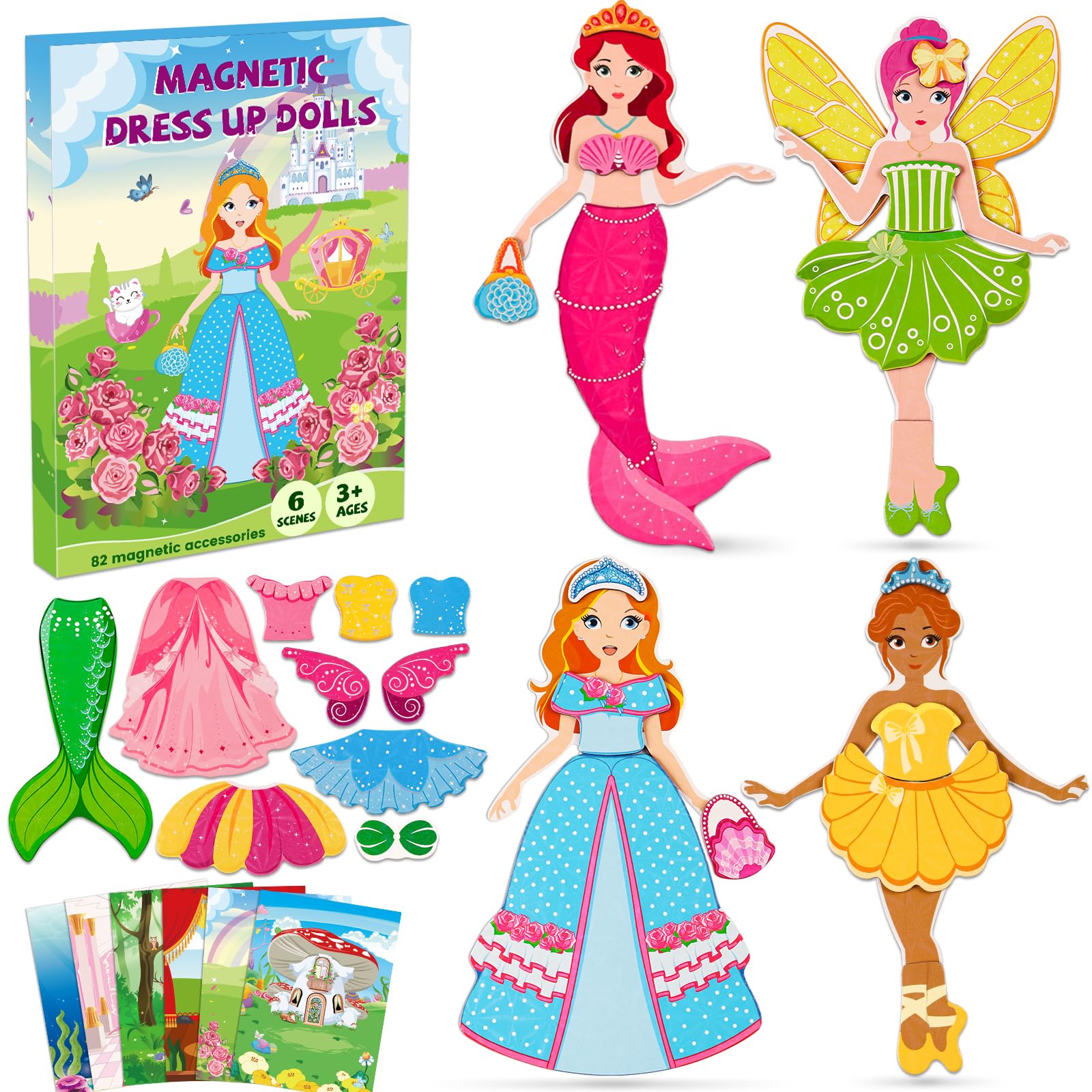 DINSUMRUG Magnetic Dress Up Dolls for Girls,Princess Mermaid Fairy Ballerina Magnet Dolls Dress Up Games Toys,Car Road Trip Airplane Activity Travel Games Toys Birthday Gift for Girls Ages 3 4 5 6 7