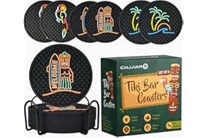 CALUVAR Tiki Bar Coasters Set of 6 with Holder, Tiki Bar Decor Silicone Coasters with Warrior, Wave & Palm Tree and Parrot Designs, Hawaiian Decor Black Coasters, Outdoor Tiki Bar Rubber Decorations