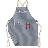 Jeanerlor - Womens Work Barber Shop Cooking Apron for Kitchen Hairstylist with 4 Pockets for Women Cross Straps & Adjustable S to M (Blue Striped)