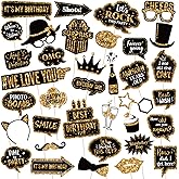 Outus 36 Pcs Birthday Photo Booth Props Party Kit,Gold and Black | Happy Birthday Sign with Mustache Glasses Crown 40/50/60th Photobooth, Funny Wedding Celebrations Props Accessories on Sticks