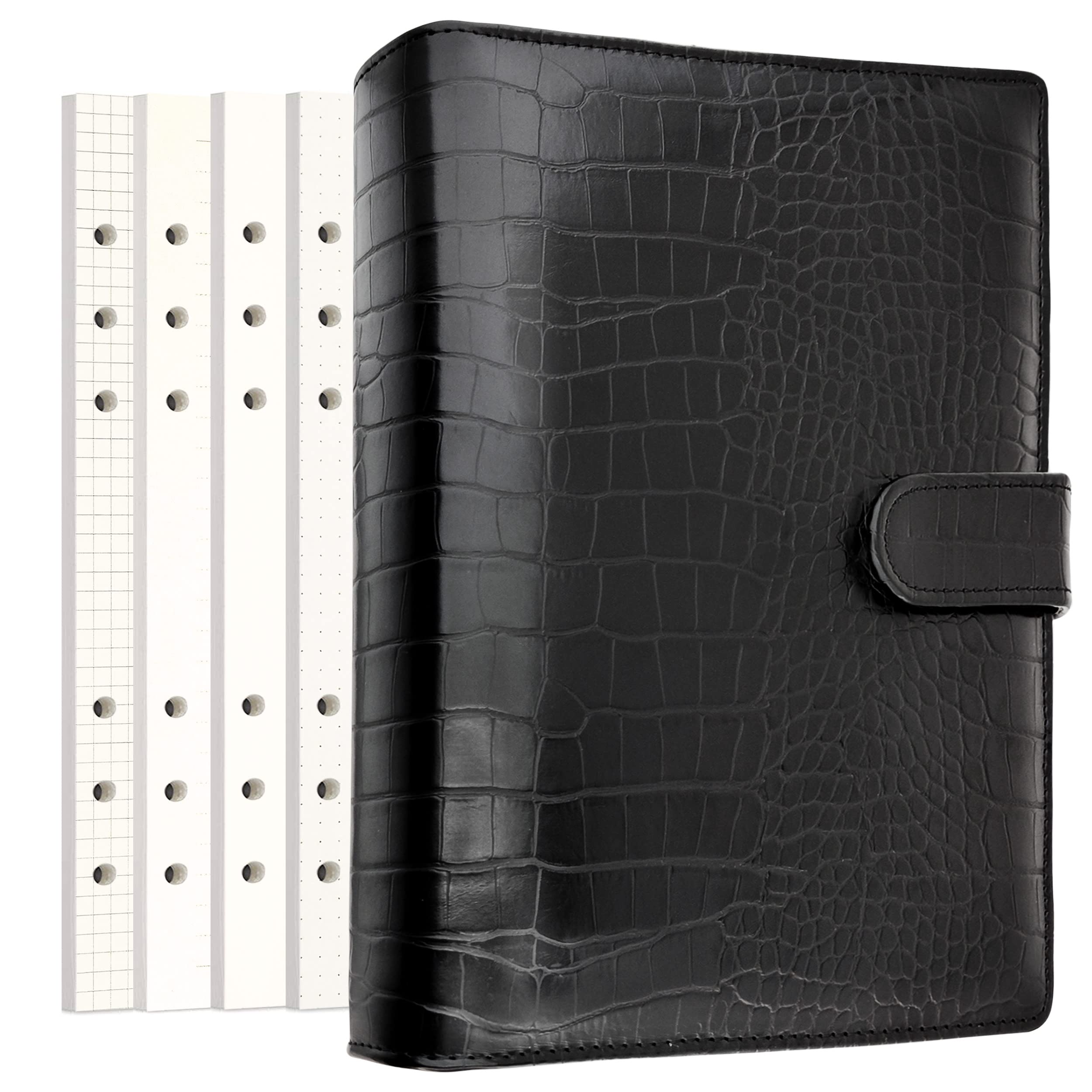 Zelten PU Leather Personal Notebook Planner with 80 Pages Loose-Leaf Papers 6 Holes Ring Binder Pen Holder Magnetic Buckle (Black Faux Crocodile Texture,A5 Mini)
