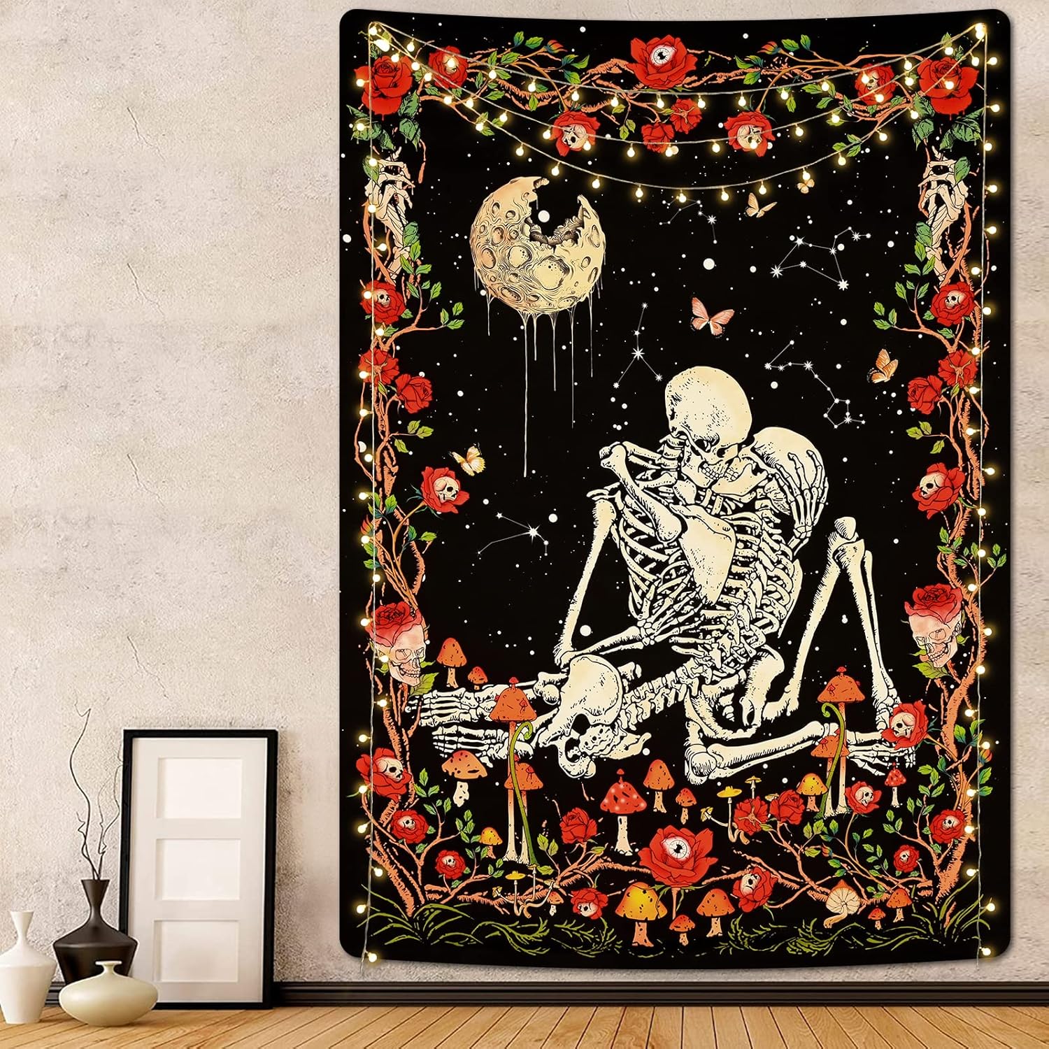 Tapestries - Krelymics Skull Mushroom Tapestry Romantic Skeleton Tapestries Galaxy Moon Tapestry Flowers and Butterfly Tapestry Goth Tapestry Wall Hanging for Bedroom Room(51.2”x 59.1”)