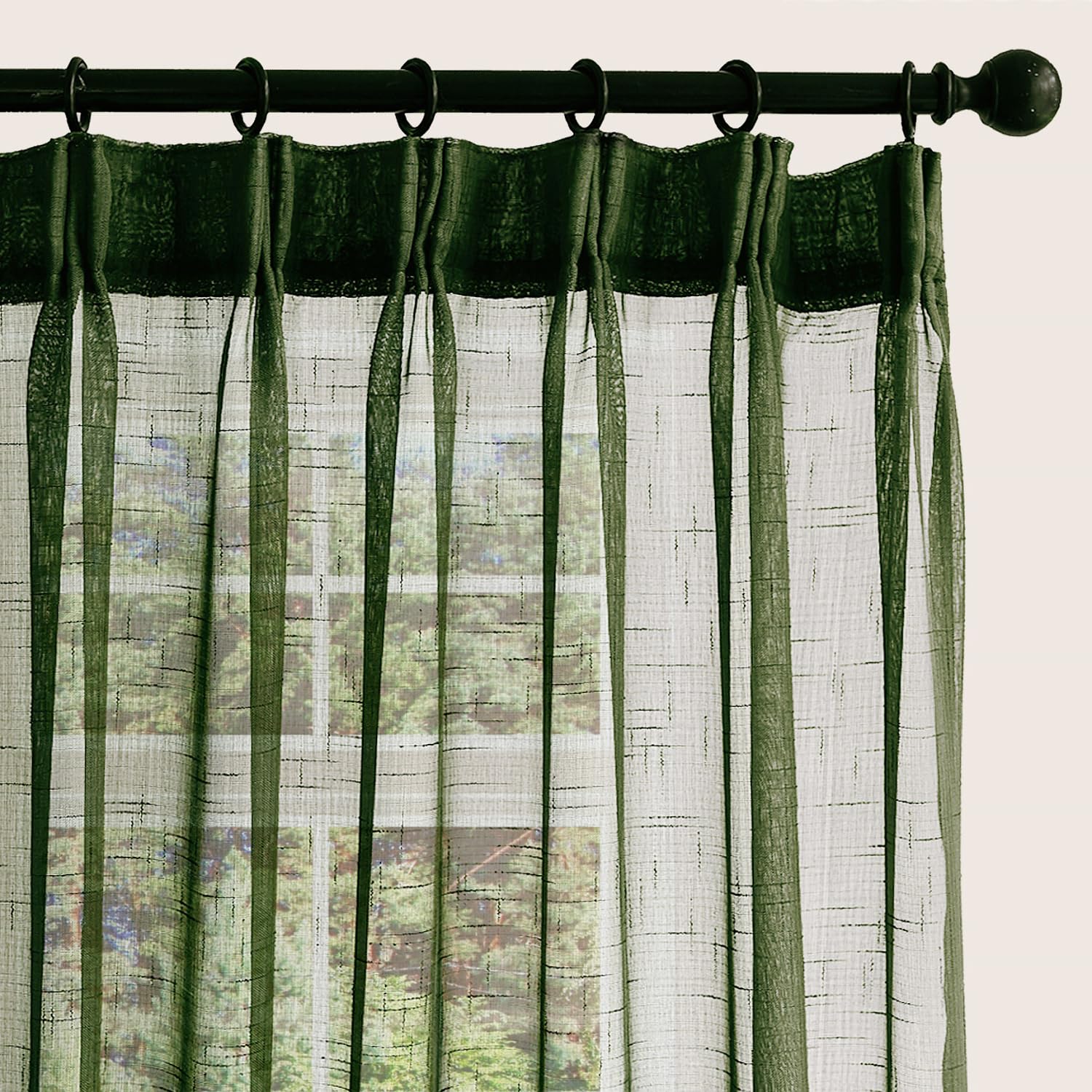 Photo 1 of Ftinala Olive Green Sheer Curtains 84 Inches Long 2 Panels, Dark Textured Linen Look See Through Drapes, Thin Light Filtering Window Treatments, Pinch Pleat Sliding Glass Door Ceiling Curtain