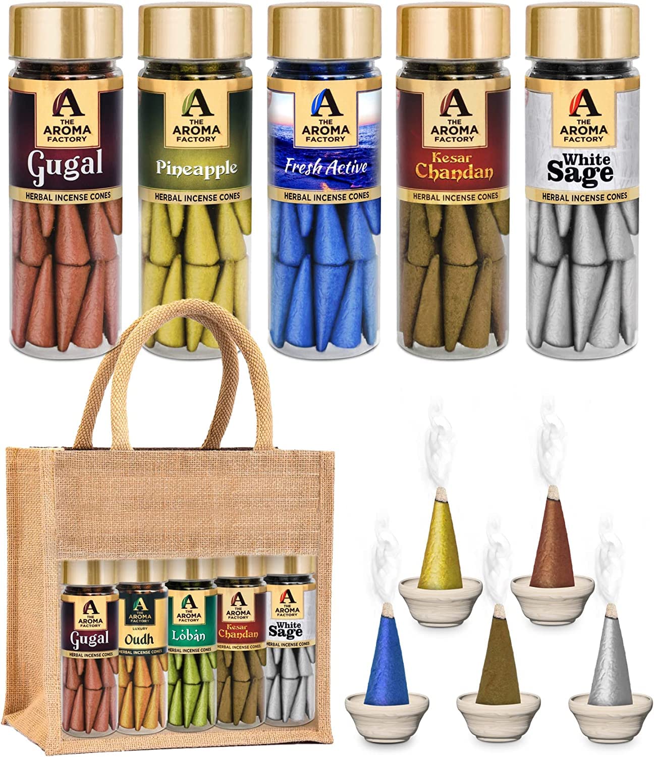 The Aroma Factory Organic Incense Cones No Charcoal | No Bamboo | Non Toxic | Assorted Herbal Dhoop, 5x30 Cones Jute Gift Set with Holder (Exotic Healing)