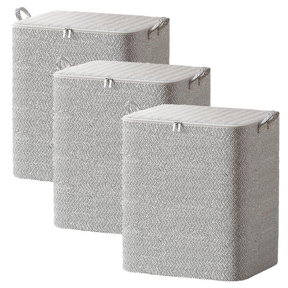 Axroad Mall 3 Pack Large Capacity Clothes Storage Bags with Zips, Portable Non Woven Closet Organizer Foldable Storage Containers for Comforters Blankets Bedding Wardrobe Storage (150L)