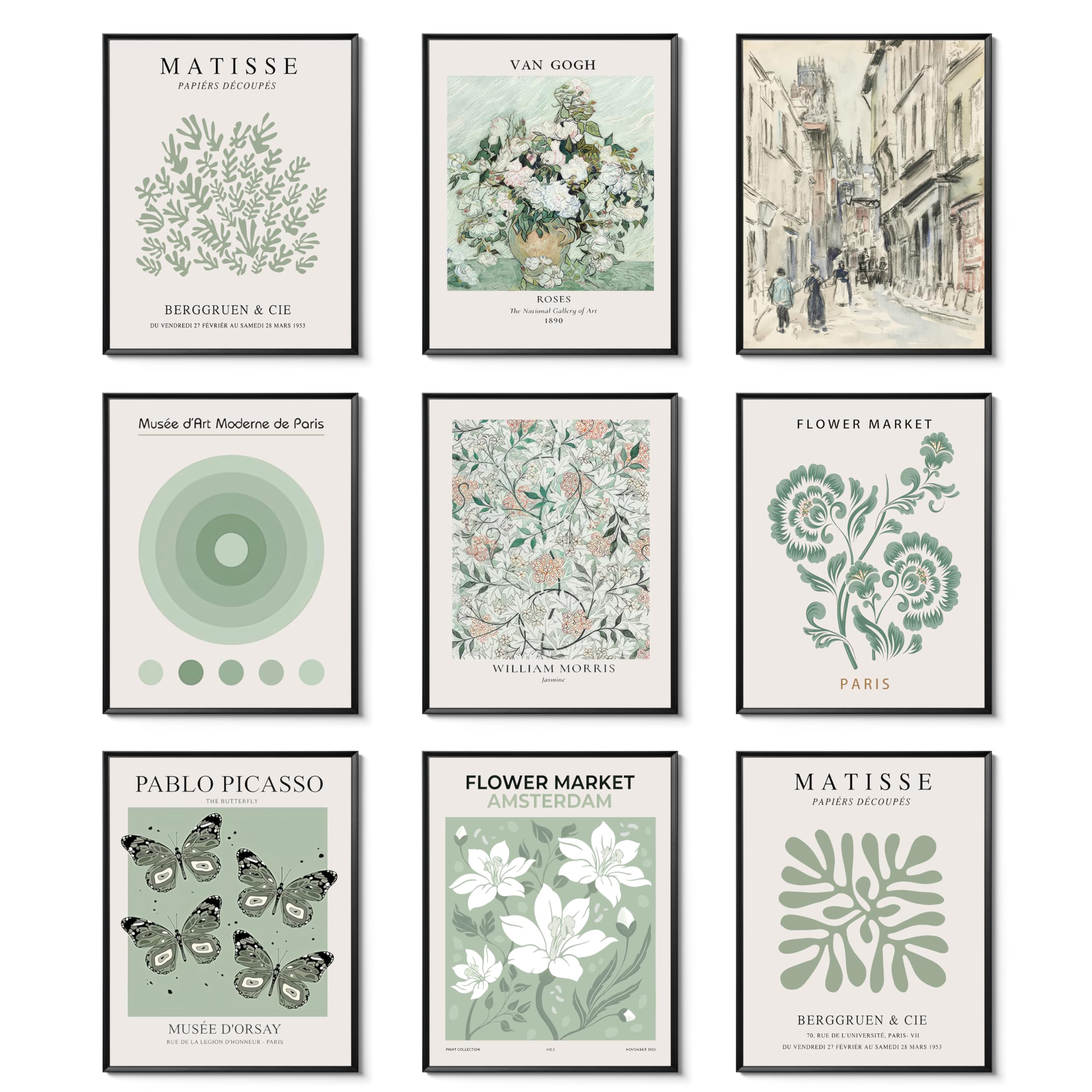 Photo 1 of Sage Green Posters Wall Art Prints Set of 9, Abstract Eclectic Matisse Canvas Wall Decor Paintings, Vintage William Morris Van Gogh Aesthetic Picture for Bedroom Dorm Living Room 8x10In Unframed