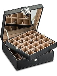 Glenor Co Classic 50 Slot Jewelry Box Earrings Organizer with Large Mirror, Black