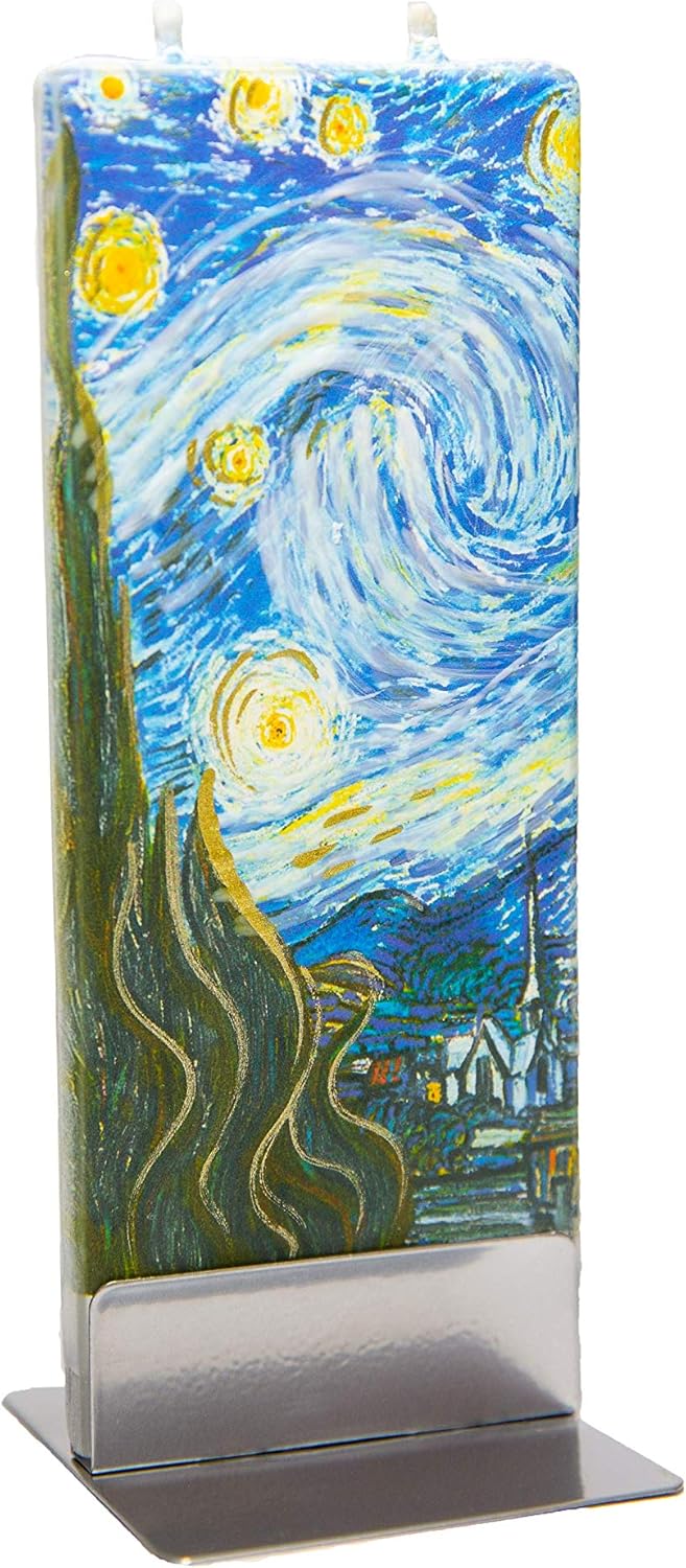 Flatyz Hand Painted Flat Candle| Unscented, Dripless, Smokeless, Decorative | Van Gogh – Starry Night | Double Wick with Metal Base | Unique Gift Idea and Home Décor Accent: Home & Kitchen