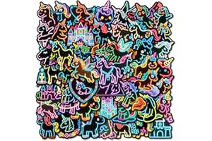 56pcs Vibrant Colorful Neon Unicorn Doodle Stickers, Creative Rainbow Horse Shiny DIY Decorative Guitar Water Bottles Fridge 