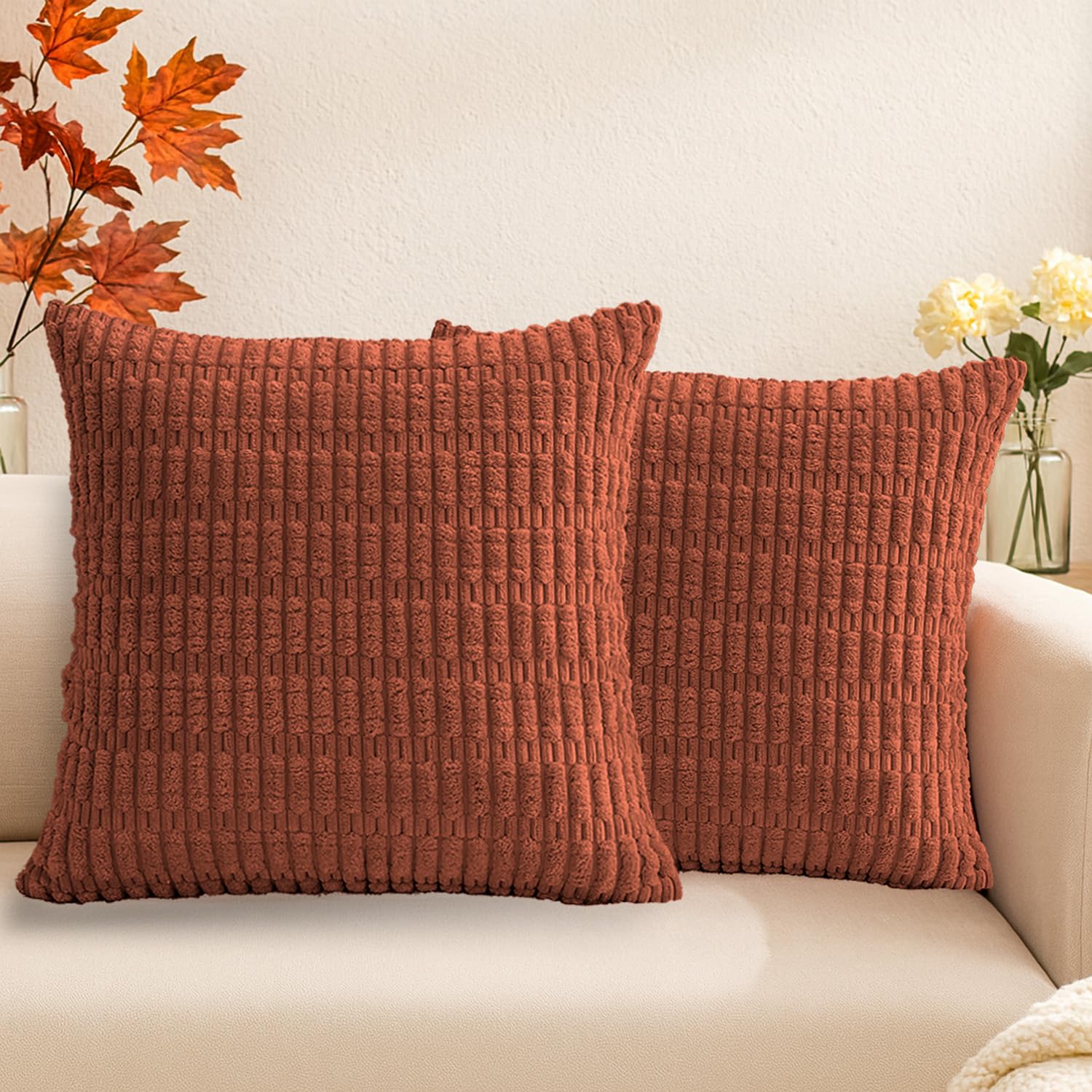 Photo 1 of QUORGVES Corduroy Decorative Throw Pillow Covers 16x16 Inch Set of 2 Soft Boho Striped Pillow Covers Decor for Sofa Living Room Couch Bed Rust Terracotta