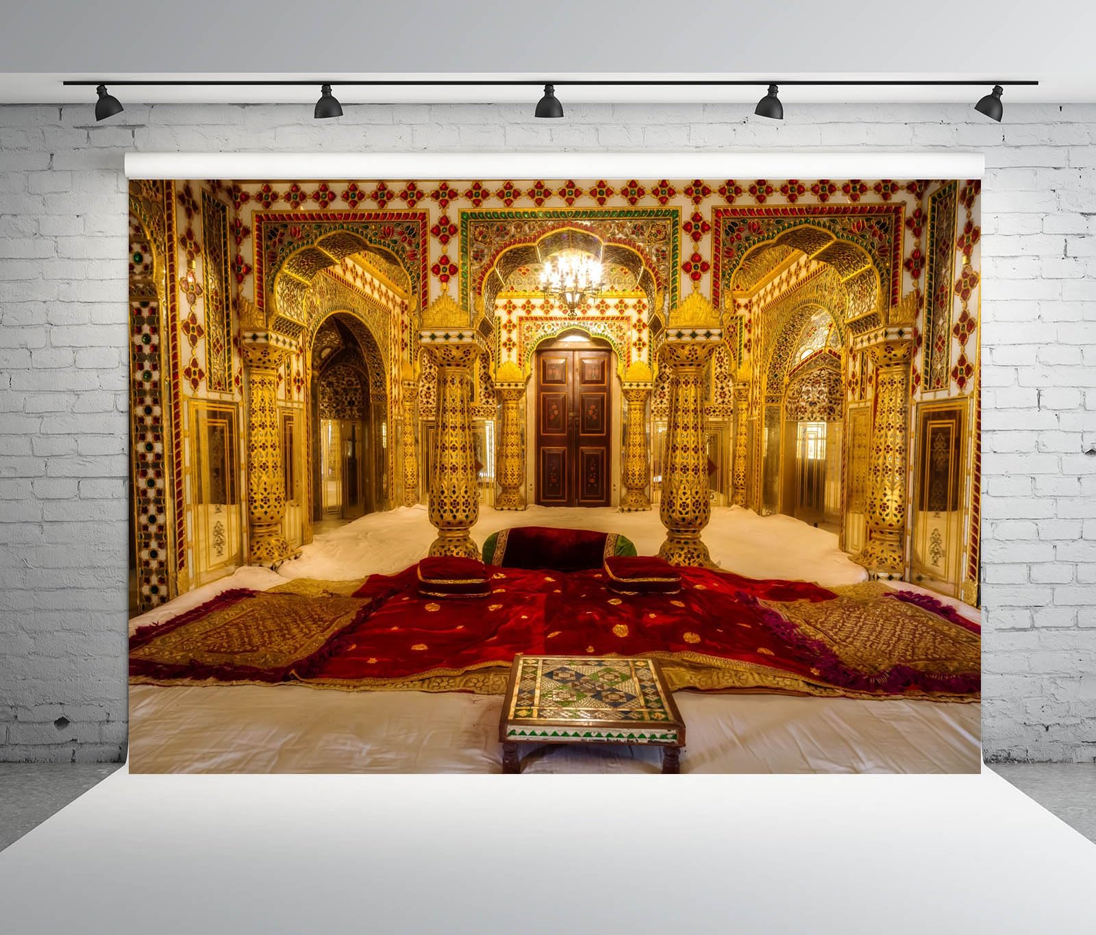 Photo 1 of BELECO 10x8ft Fabric India Jaipur City Palace Backdrop Jaipur Royal Palace Gold Decorations with Precious Gems Interior Background for Photography Indian Travel Portrait Photo Shooting Studio Props
