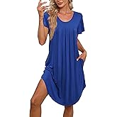Bestshow Women's Pleated Front Loose Fit Short Sleeve Nightgowns Sleep Dress with Hand Pockets (S - 5XL)