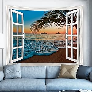 Riyidecor Beach Tapestry Wall Hanging 60Hx80W Inch Window Ocean Seaside Wall Art for Bathroom Nature Theme Wall Decor Living Room Tropical Palm Tree Dorm Sunrise Hawaiian Summer Landscape Bedroom