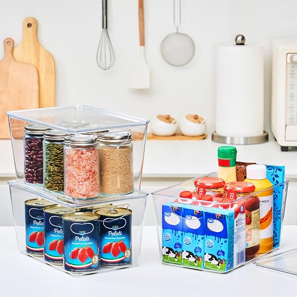 THEAOO CLEAR STORAGE BINS WITH LIDS STACKABLE – LARGE PLASTIC CONTAINERS FOR PANTRY ORGANIZATION AND STORAGE – PERFECT FOR KITCHEN,FRIDGE,LAUNDRY ROOM,BATHROOM,GARAGE,CLOSET,CABINET ORGANIZER – 8 PACK