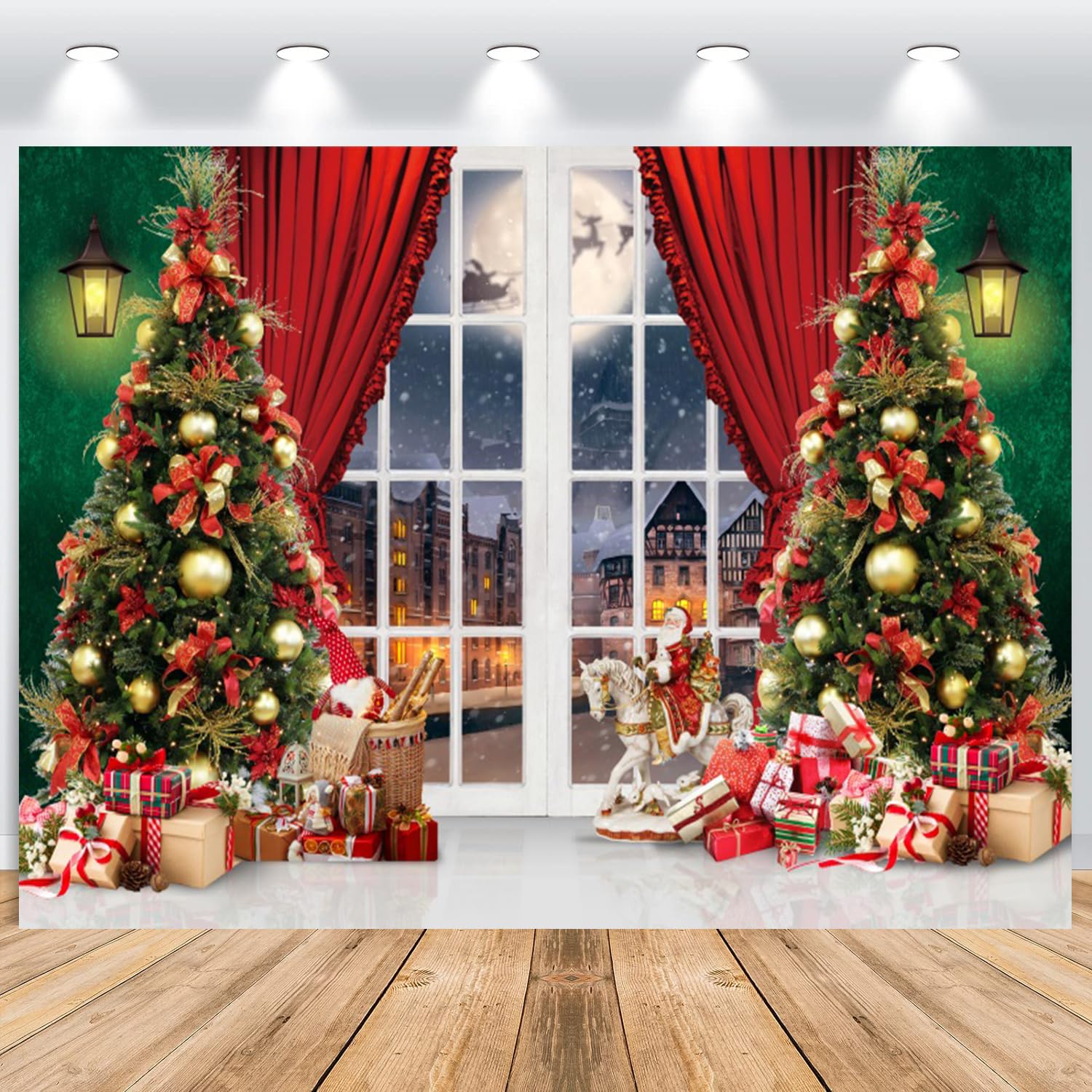ASDCXZ Christmas Backdrop 2.2x1.5m, Window Snow Scene Red Curtain Christmas Tree Gift Box Photo, Vinyl Family Celebration Party Ornaments Photography Banner