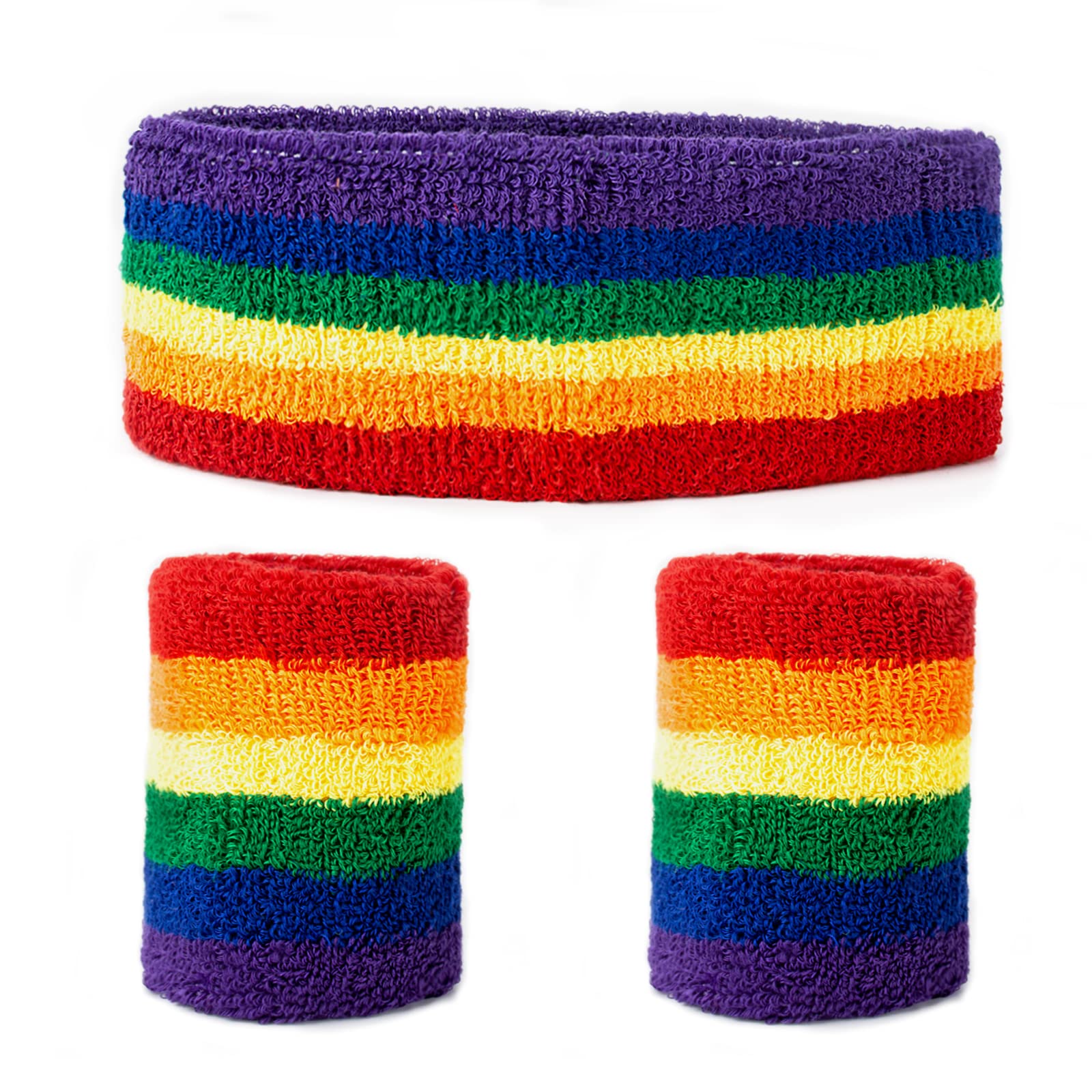 AYNKH 3PCS Rainbow Striped Sweatbands, Cotton Moisture Wicking Sports Headband Wristband Set for Athletic Men and Women