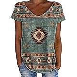 Sasens Women's Western Ethnic Style Diamond Pattern Printed Crew Neck T-Shirt Western Style Short Sleeve for Women
