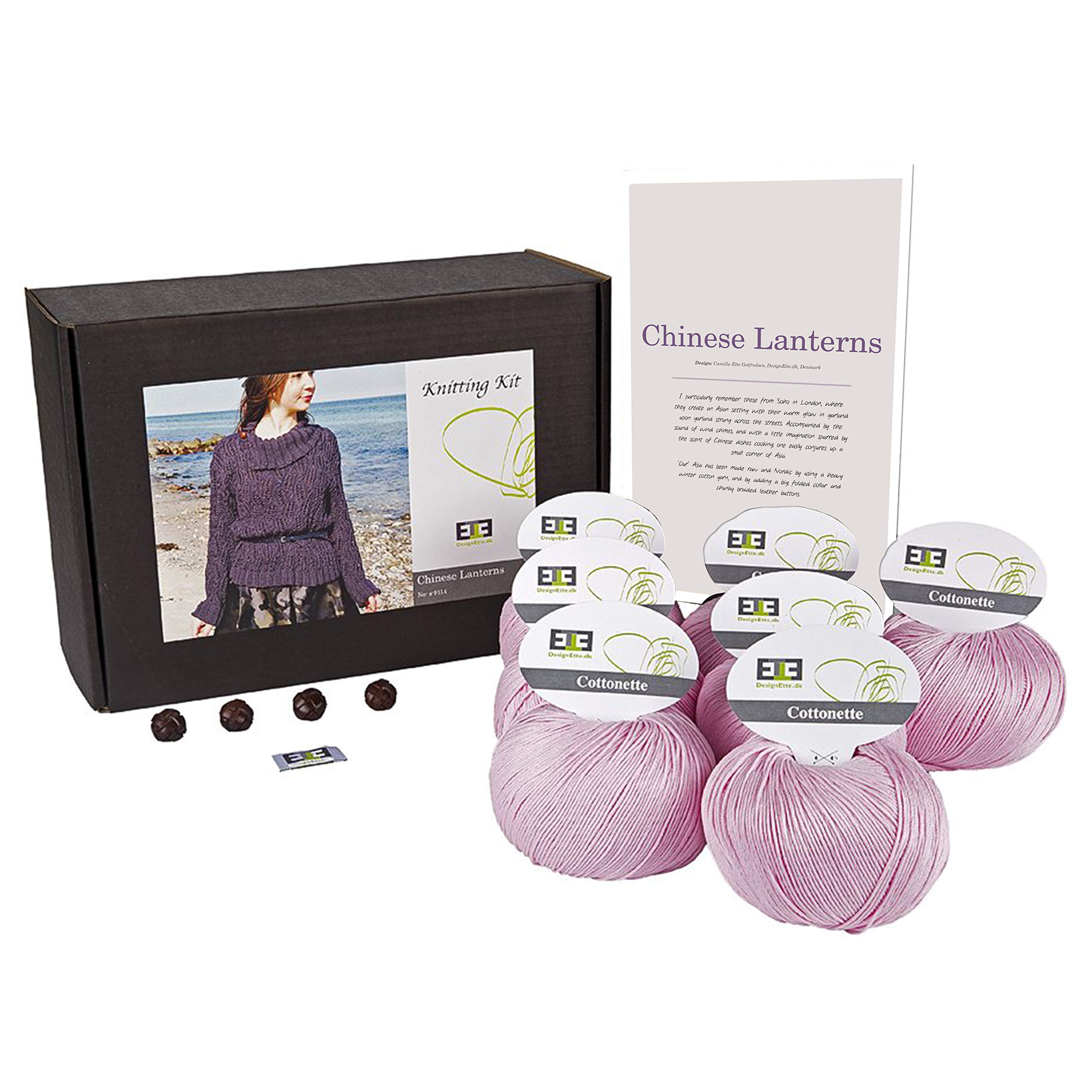 DesignEtte Jumper Chinese Lanterns Knitting Kit 100 Percent Egyptian Cotton Wool Yarn Bowls and Pattern Pack Box 100g≈205m/5ply, Baby Pink 4, Medium