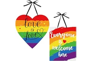 Jetec 2 Pieces Rainbow Pride Sign Everyone is Welcome Here Sign Love is Love Wood Hanging Decoration Double Sided Printing Wall Door Window Decor for Rainbow Pride Party