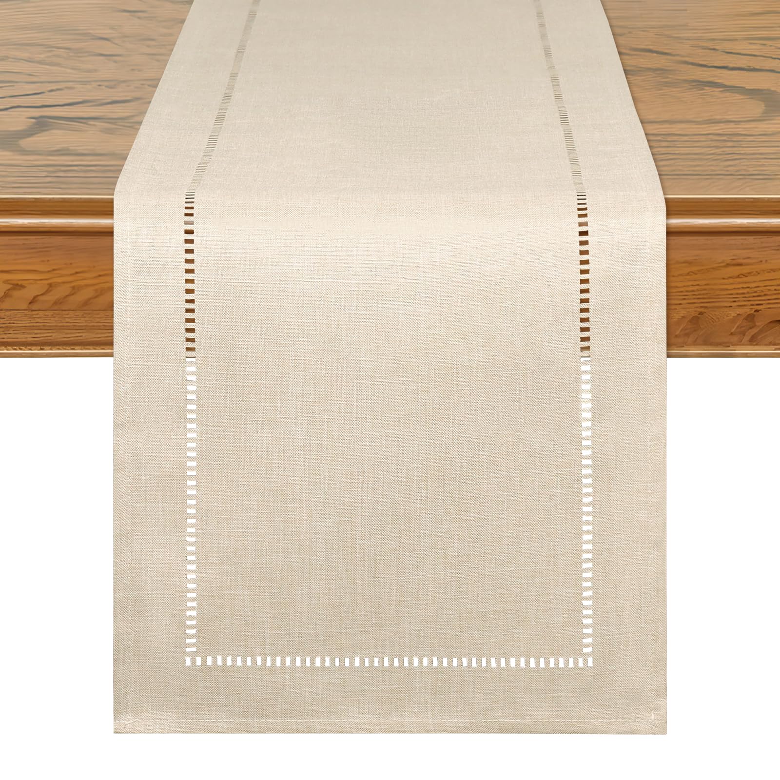 LOMOHOO Rustic Table Runner 72 Inches Long, Cotton Linen Boho Table Runners, Farmhouse Table Runner, Braided Striped Coffee Table Runners for Dinner Party Holiday 15 x 72 Inches (32x240cm, Beige)