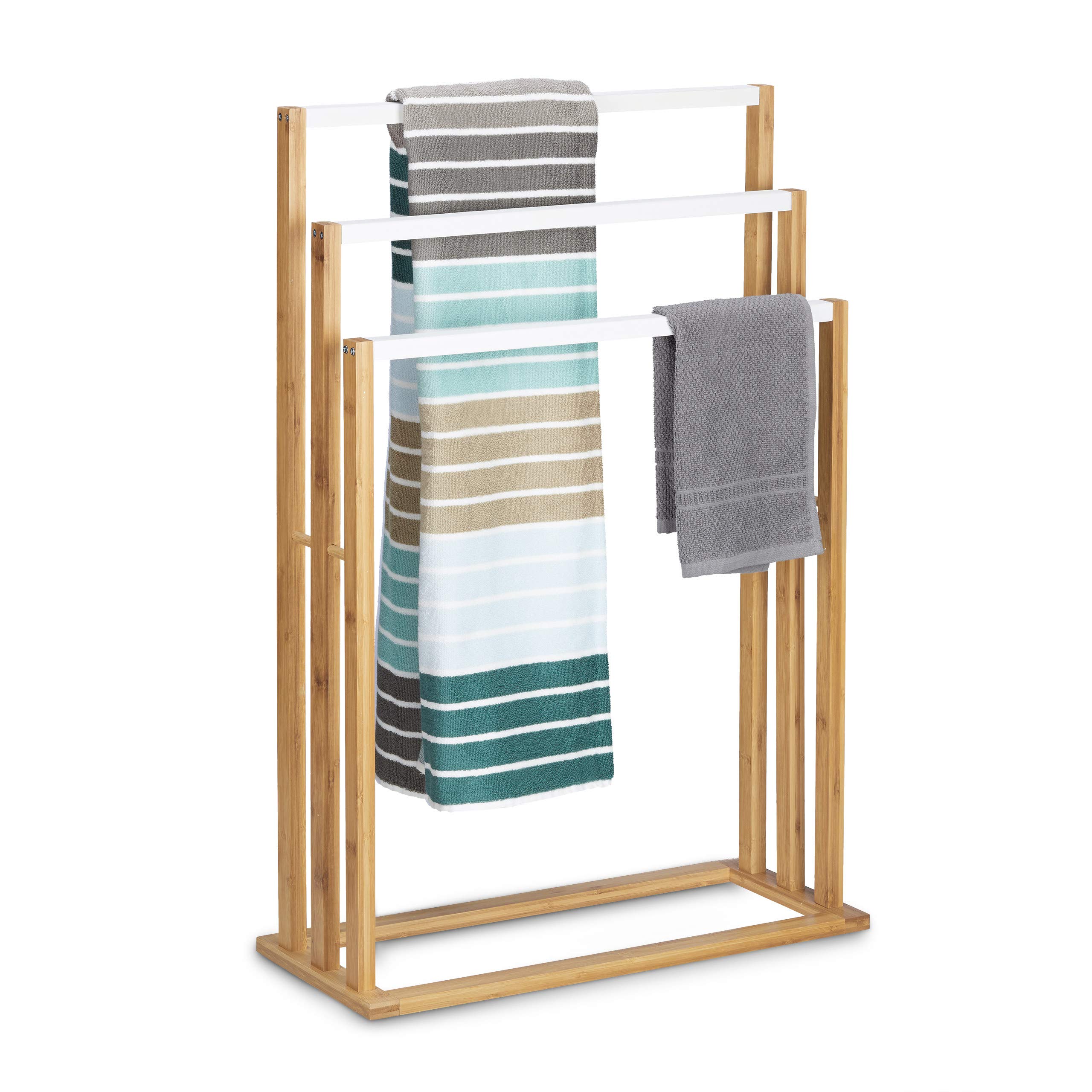 Relaxdays Bamboo Towel Stand Size: approx 82 x 54 x 24 cm Ascending Rails Towel Holder w/ 3 Rails as Elegant Bathroom Accessory Freestanding Towel Rack for Bath and Hand Towels in Natural Style, Brown