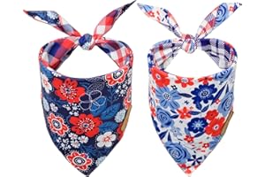 CROWNED BEAUTY 4th of July Patriotic Dog Bandanas Reversible Large 2 Pack, Floral Set, Adjustable Triangle Holiday Scarves for Medium Large Extra Large Dogs Blue White DB53-L