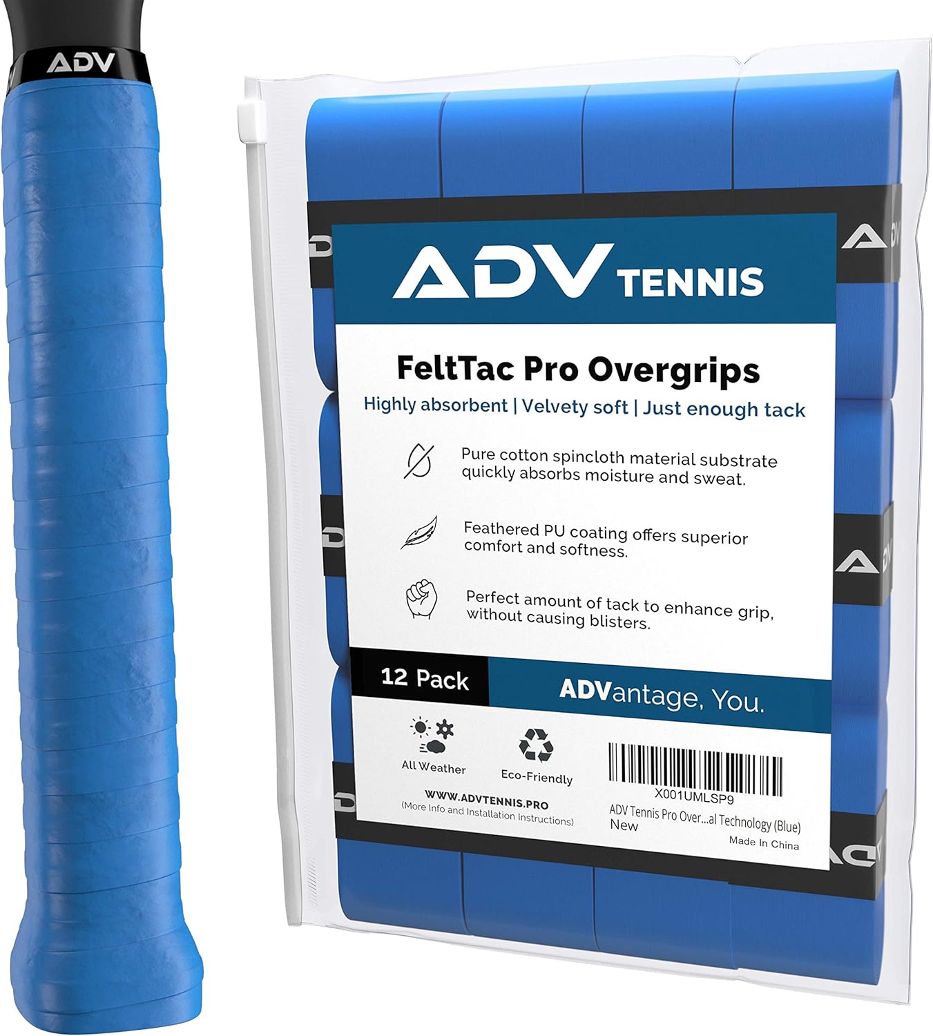 ADV Tennis Dry Overgrip - 12 or 30 Pack - Ultra Absorbent Grip Tape with Exclusive FeltTac Material for High Velvety Comfort - Pro Tested & Designed : Sports & Outdoors