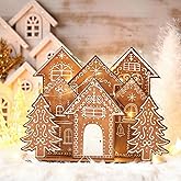 Threehoney 8 Pcs Christmas Gingerbread House Table Decorations Gingerbread House Wooden Table Centerpiece Christmas Village Xmas Tree Tabletop Sign for Farmhouse Winter Holiday Xmas Shelf Mantel Decor