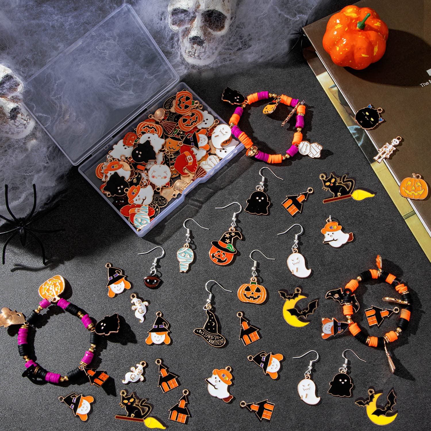 Halloween Charms, Halloween Alloy Charm Enamel, Pumpkin, Witch hat, Ghost, Spider, Bat Pendants, Assorted Pendant Charms for Bracelet, Earring, Jewelry Making
