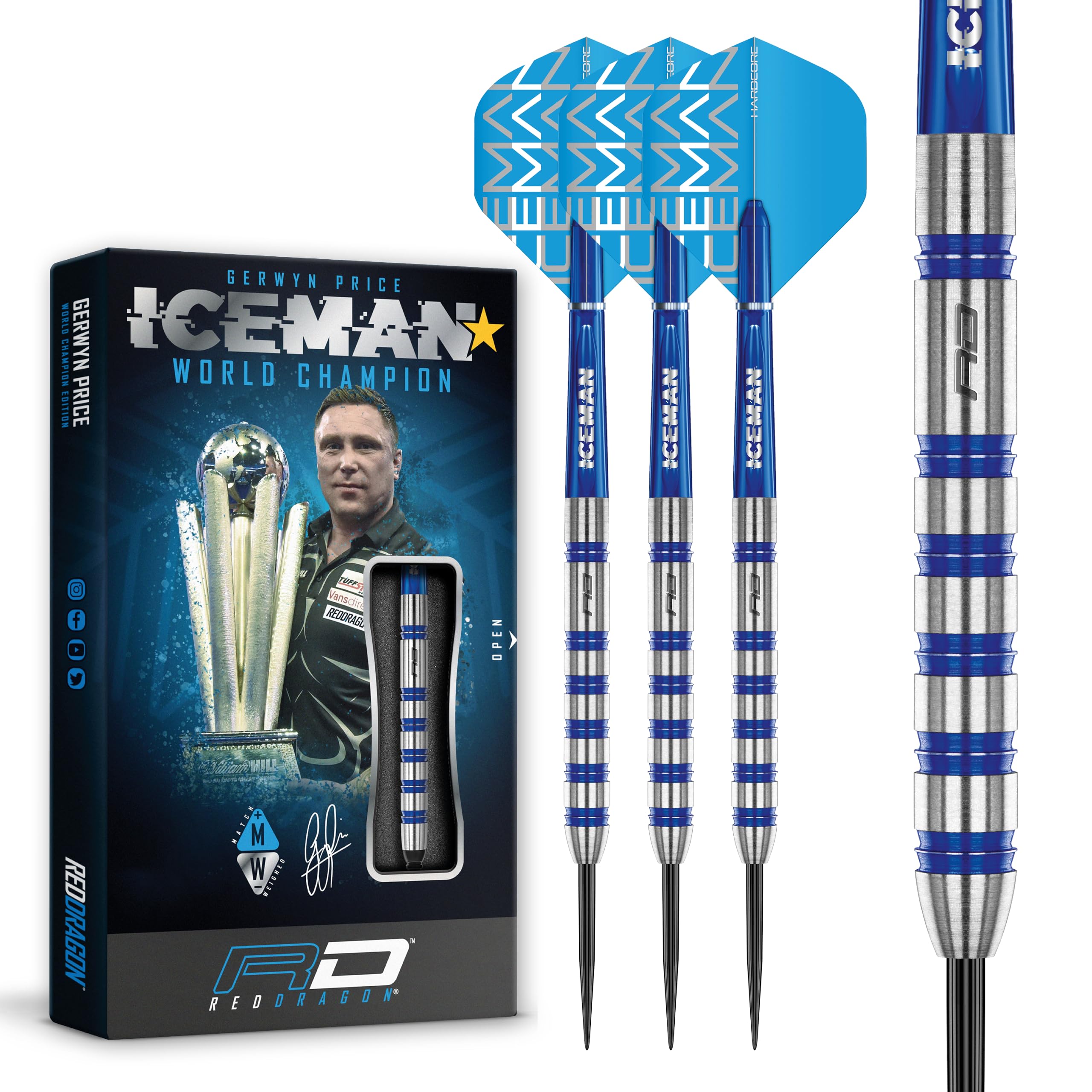 Red Dragon Gerwyn Price Iceman Challenger 23 Gram Professional Tungsten Darts Set with Flights and Stems