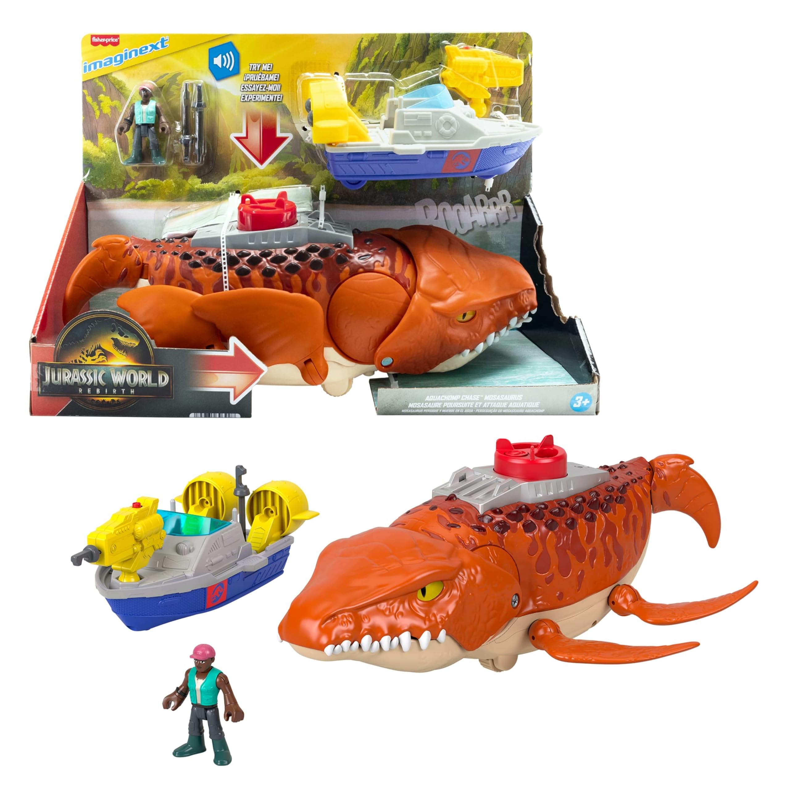Fisher-Price Imaginext Jurassic World La Rinascita, Mosasauro Acquatico, dinosauro giocattolo da 46 cm circa con action figure da 8 cm circa, barca con lanciatore e 2 proiettili, JFR23