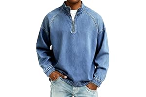 Mens Retro Raglan Sleeve Collared Pullover, Lightweight Quarter Zip Vintage Distressed Sweatshirt, Faux Denim Round T-Shirts