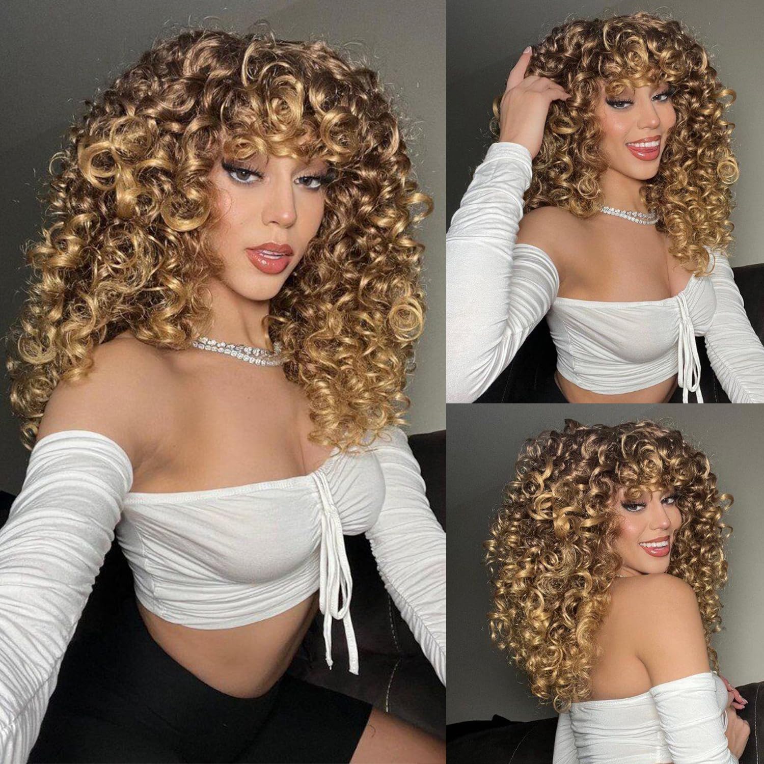 CoCrowns Curly Wig with Bangs for Black Women Long curly Shag Synthetic Hair Wigs Daily Use Cosplay 17 Inch (Ombre Blonde)