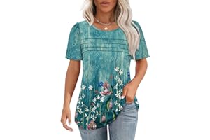 WIHOLL Womens Tshirt Summer Puff Short Sleeve Tops Pleated Front Curved Hem Tunic