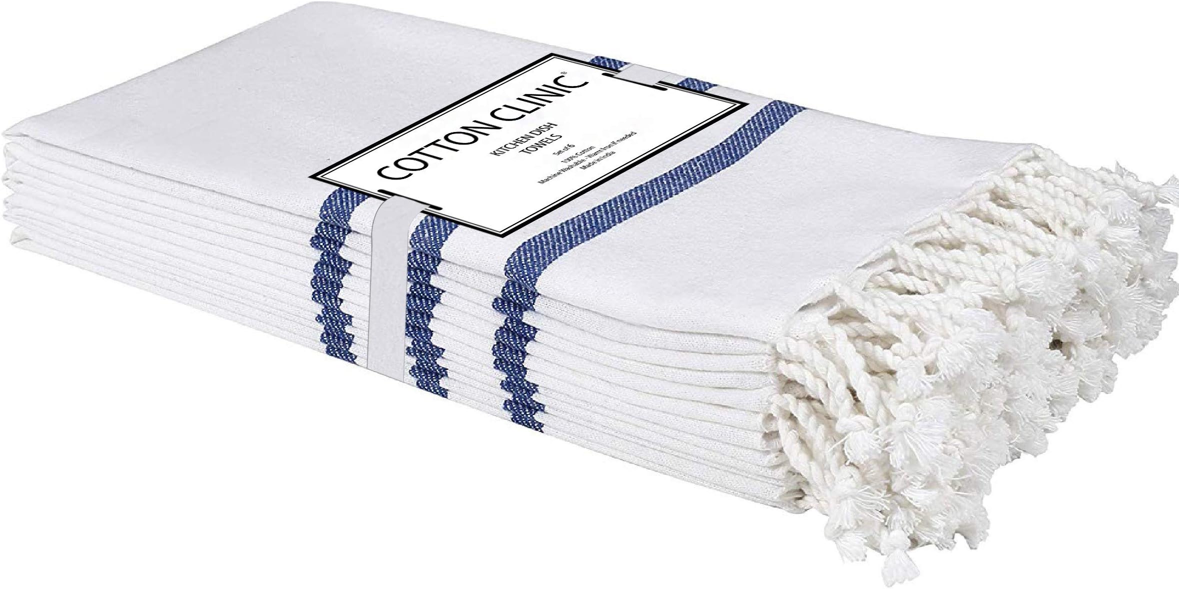 Cotton Clinic 45x70 cm Set of 6 Cotton Turkish Peshtemal Tea Towels Hand Towels, Dish Towels Pack, Highly Absorbent Bar Towels & Kitchen Tea Towels, Multi Purpose - Navy Blue White