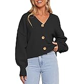 Balimtoy Womens V Neck Cropped Cardigan Lightweight Cute Puff Long Sleeve Button Up Relaxed Fit Fall Sweater Jacket