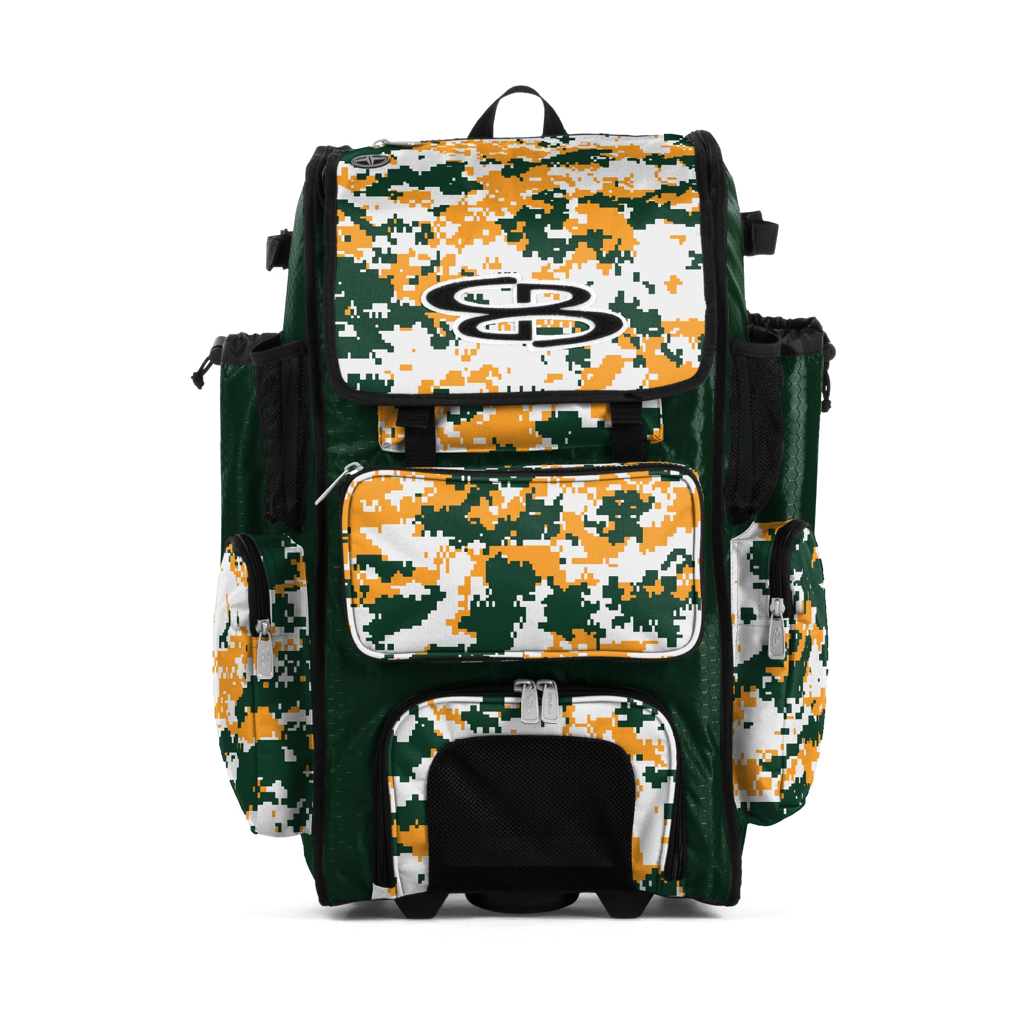Boombah Rolling Superpack Baseball/Softball Gear Bag - Telescopic Handle - Holds 4 Bats - Wheeled Version - Digital Camo Dark Green/Gold Image