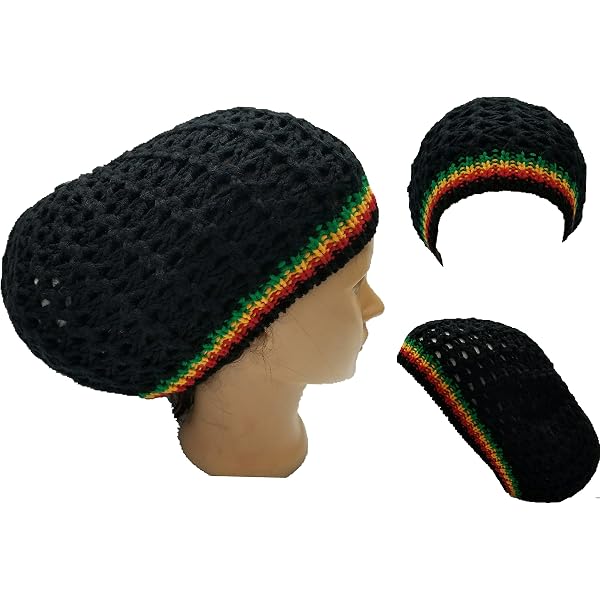 FIREBUNs Rasta Tam Hat - Black With Red, Yellow, Green Stripe, Crochet Knit For Dreads (M/L)