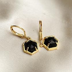 Gempires Black Spinel Hexagon Drop Earrings for