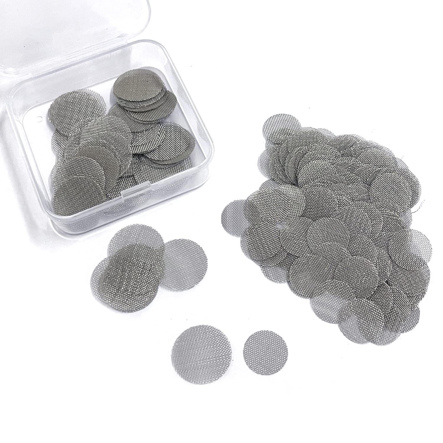150 Pieces of 15mm and 50 Pieces of 20mm Stainless Steel Pipe Filters, with A Storage Box, Stainless Steel Filter Mesh, Soot Filter Mesh, Silver, for Tobacco Pipe, Smoke Tube, etc.
