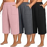 Neer 3 Pack Women Plus Size Capris Cotton Wide Leg Cropped Pants Casual Elastic Waist Loose Fit Lounge Sweatpants with Pocket